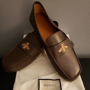 Men Gucci Bee Brown Leather Drive Loafers NIB